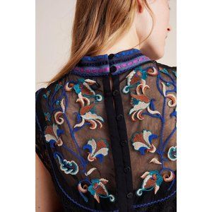 Anthropologie Black Sheer Blouse with Blue Embroidery